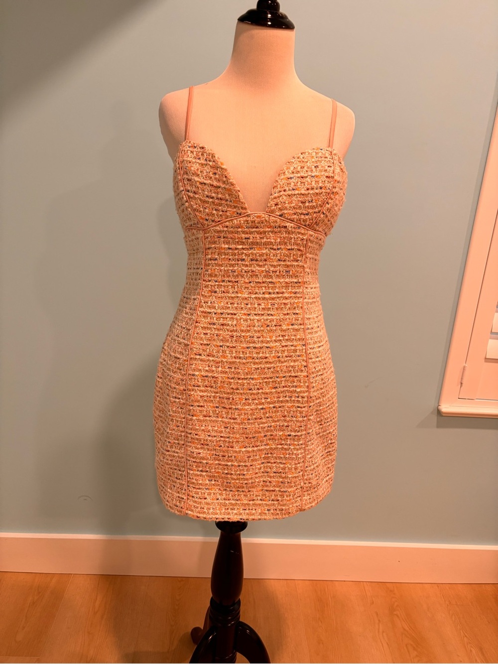 For Love And Lemons Cream Tweed Spaghetti-Strap Mini Dress with Gold Threading